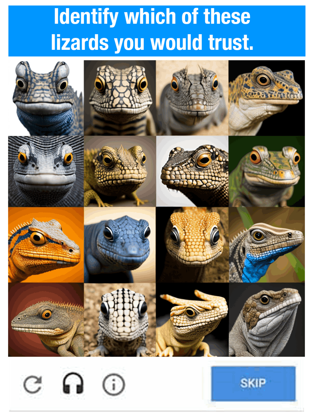 A fake captcha that says identify which of these lizards you would trust.